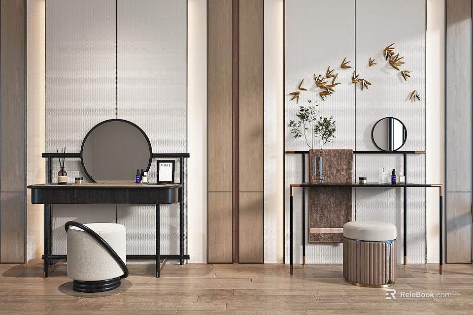 Modern Minimalist Dressing Tables With Round Mirrors Stools Gold Leaf Decor And Green Plant 3d model 