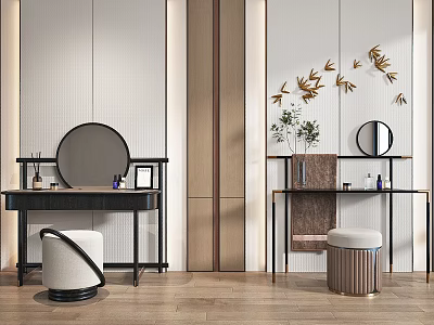 Modern Minimalist Dressing Tables With Round Mirrors Stools Gold Leaf Decor And Green Plant 3d model