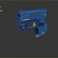 Blue Modern Pistol with Yellow Accents Red Button and Warning Symbol in Futuristic Design