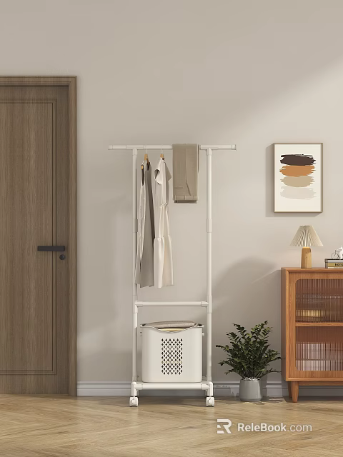 White Indoor Clothes Rack With Hanging Clothes Near Wooden Door Washing Machine Plant And Cabinet 3d model 