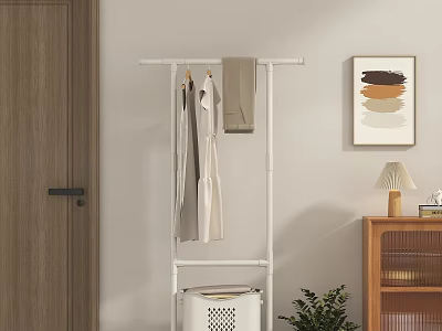 White Indoor Clothes Rack With Hanging Clothes Near Wooden Door Washing Machine Plant And Cabinet 3d model