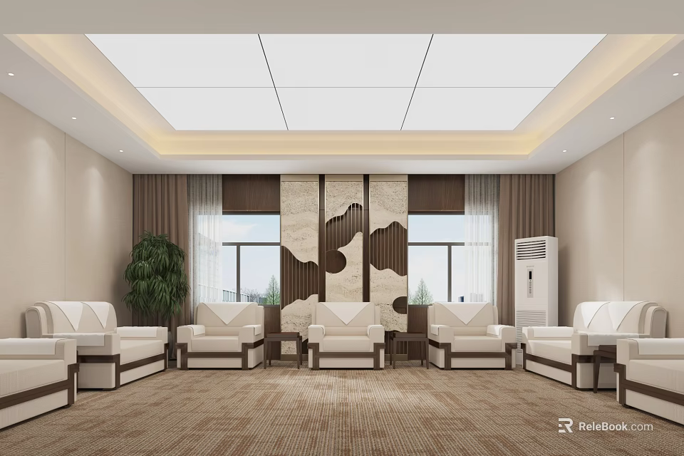 Modern Hotel Public Lounge Area With White Sofas Armchairs Large Windows And Decorative Wall Panel 3d model 