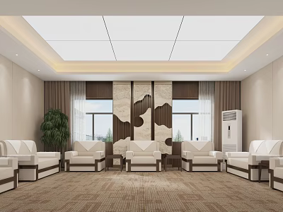 Modern Hotel Public Lounge Area With White Sofas Armchairs Large Windows And Decorative Wall Panel 3d model