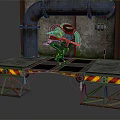 Mechanical Creature With Weapon Standing On Metal Platform With Industrial Pipes And Warning Stripes