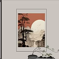 Traditional Chinese Landscape Painting With Red Sky Full Moon Pine Tree Mountain Peaks And Pavilion