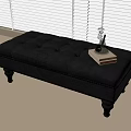 Black Leather Tufted Bench With Decorative Legs And Books On Top With Window Blinds