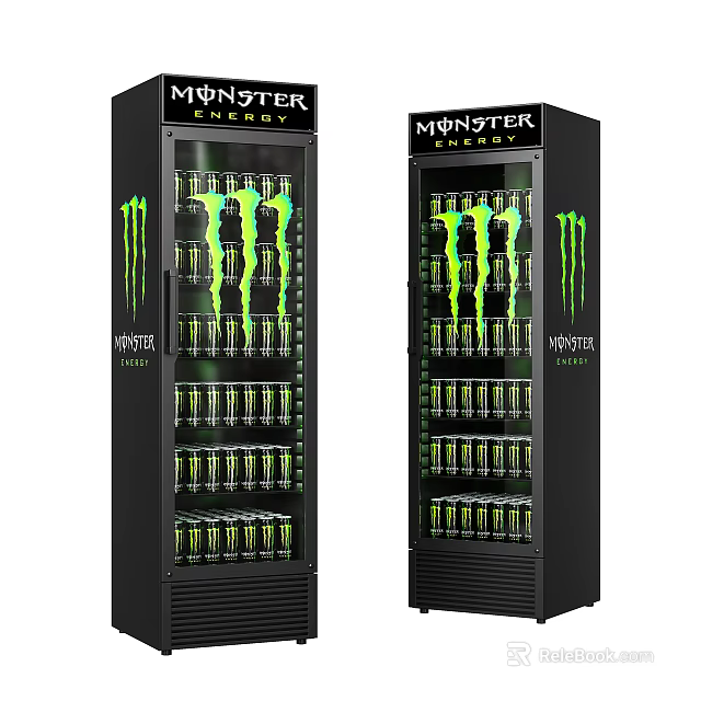 Monster Energy Beverage Refrigerators with Glass Doors Black Design Green Logo and Filled Drink Cans 3d model 
