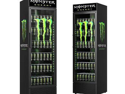 Monster Energy Beverage Refrigerators with Glass Doors Black Design Green Logo and Filled Drink Cans 3d model