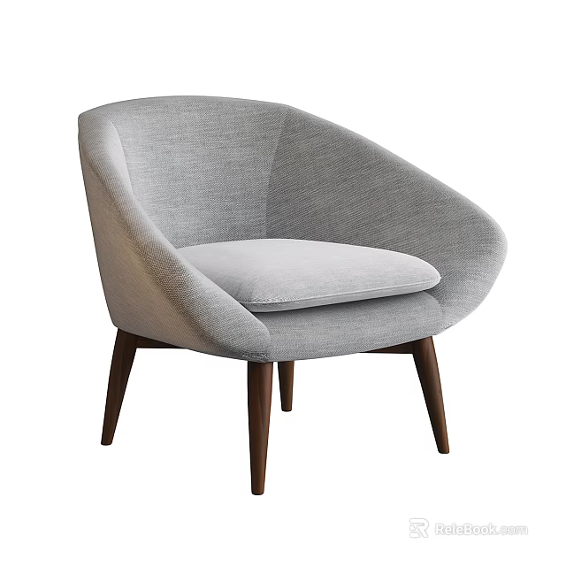 Light Gray Fabric Single Sofa With Curved Backrest And Wooden Legs 3d model 