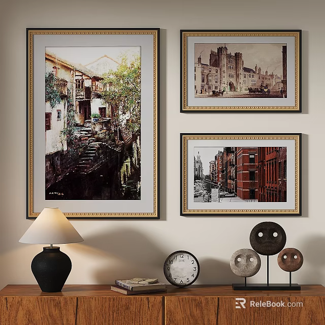 Elegant Framed Oil Paintings Hanging On Wall With Table Lamp Clock And Decorative Objects 3d model 