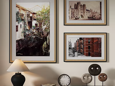 Elegant Framed Oil Paintings Hanging On Wall With Table Lamp Clock And Decorative Objects 3d model