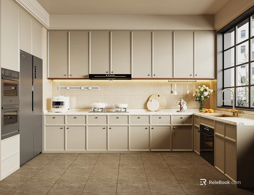 Modern Kitchen Interior With Light Cabinets Counter Appliances Large Window And Natural Light 3d model 