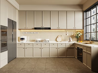 Modern Kitchen Interior With Light Cabinets Counter Appliances Large Window And Natural Light 3d model