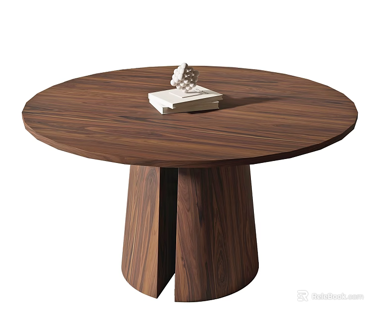 Round Walnut Wood Dining Table With Unique Split Base Design And Decorative Book Object 3d model
