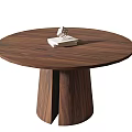 Round Walnut Wood Dining Table With Unique Split Base Design And Decorative Book Object 3d model