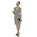 Elegant Woman In Gray Dress Standing With Hair Up Holding Black Clutch