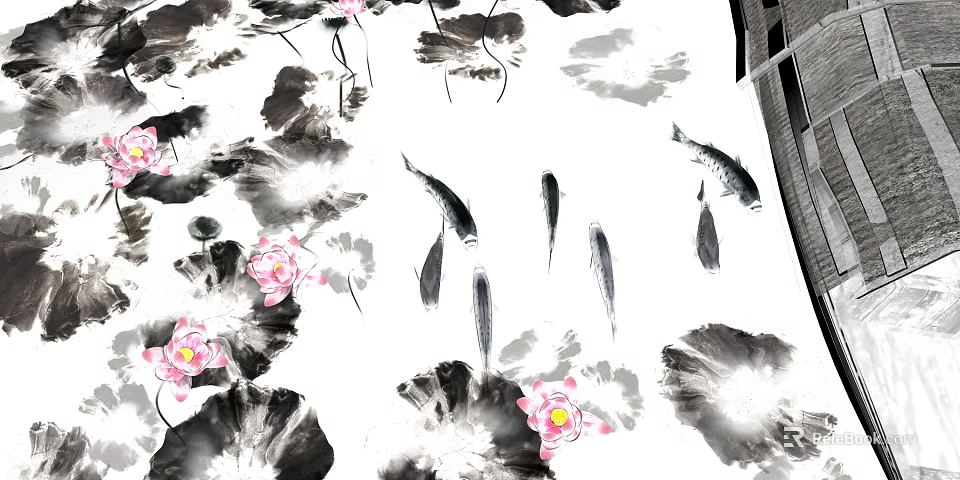 Ink Painting Style Courtyard Garden with Lotus Flowers Leaves and Swimming Fish 3d model 