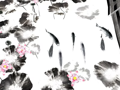 Ink Painting Style Courtyard Garden with Lotus Flowers Leaves and Swimming Fish 3d model