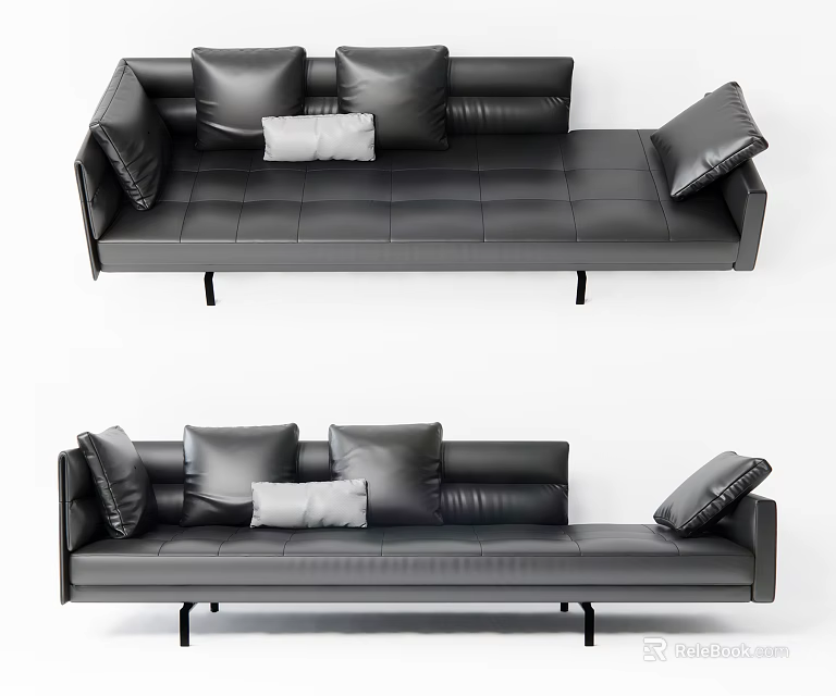 Modern Black Leather Large Sofa With Multiple Cushions And Slim Legs 3d model