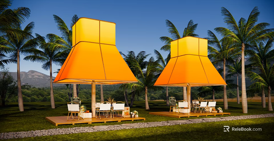 Orange Tents With Palm Trees Mountain Backdrop Blue Sky And Wooden Deck With Tables Chairs 3d model 