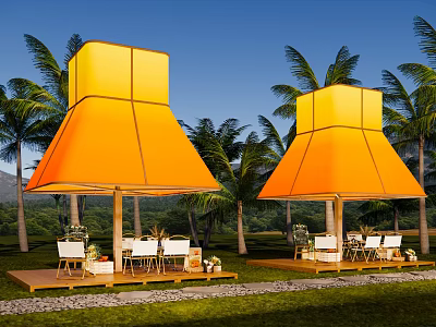 Orange Tents With Palm Trees Mountain Backdrop Blue Sky And Wooden Deck With Tables Chairs 3d model
