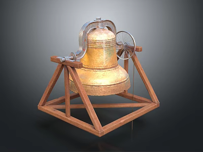 Golden Bell With Decorative Metal Structure And Wheel On Wooden Triangular Stand 3d model