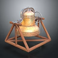 Golden Bell With Decorative Metal Structure And Wheel On Wooden Triangular Stand