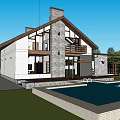 Detached Villa with Stone Wall Large Windows Swimming Pool Terrace Lawn Surrounded by Trees