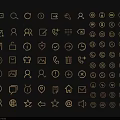 Collection of Gold Line Icons with Various Symbols for UI Design Elements