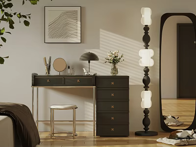 Modern Dressing Table Interior With Stool Table Lamp Vase Flowers Floor Lamp And Mirror 3d model