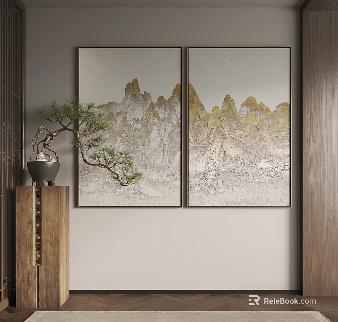 Two Gold And Gray Mountain Landscape Paintings With Potted Pine On Wooden Cabinet Minimalist Wall 3d model 