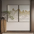 Two Gold And Gray Mountain Landscape Paintings With Potted Pine On Wooden Cabinet Minimalist Wall