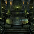 Ancient Stone Temple Chamber with Tall Columns Steps and Burning Torches