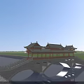 Traditional Chinese Bridge With Pavilions Spanning Water And Reflection Under Blue Sky