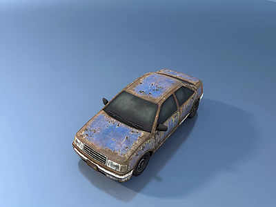 Old Rusty Car With Weathered Exterior And Faded Paint 3D Render On Blue Background 3d model