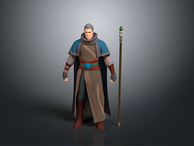 Woman with white hair in blue cloak and brown robe holding staff with green gem 3d model