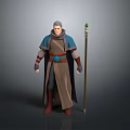 Woman with white hair in blue cloak and brown robe holding staff with green gem