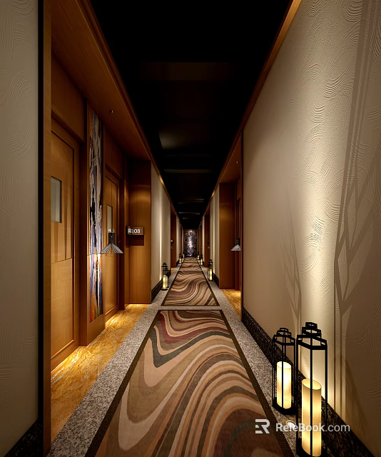 Luxurious Hotel Corridor Interior With Patterned Carpet Wooden Doors And Warm Lighting 3d model 
