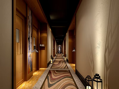 Luxurious Hotel Corridor Interior With Patterned Carpet Wooden Doors And Warm Lighting 3d model