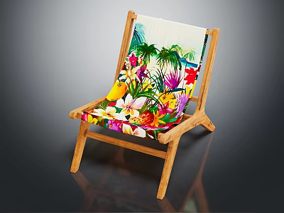 Wooden Frame Leisure Chair Featuring Colorful Tropical Floral Pattern Cushion 3d model