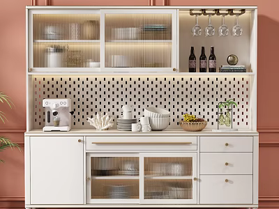 Elegant White Sideboard Cabinet With Shelves Drawers Tableware Decor Plant Coffee Machine Pink Wall 3d model