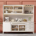 Elegant White Sideboard Cabinet With Shelves Drawers Tableware Decor Plant Coffee Machine Pink Wall