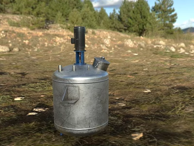 Industrial Equipment Metal Tank With Black Pump Blue Pipes In Outdoor Grassland And Trees 3d model