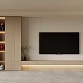 Modern Minimalist TV Wall Design With Wooden Cabinets Open Shelves LED Lighting And Potted Plant