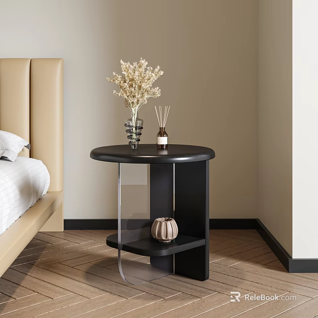 Modern Black Round Bedside Table with Metal Frame Vase Dried Flowers Diffuser and Decorative Item 3d model 