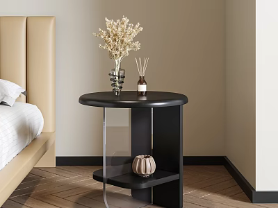 Modern Black Round Bedside Table with Metal Frame Vase Dried Flowers Diffuser and Decorative Item 3d model