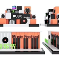 Music Festival Stage with Orange Black Design Speakers Vinyl Records and Piano Keys