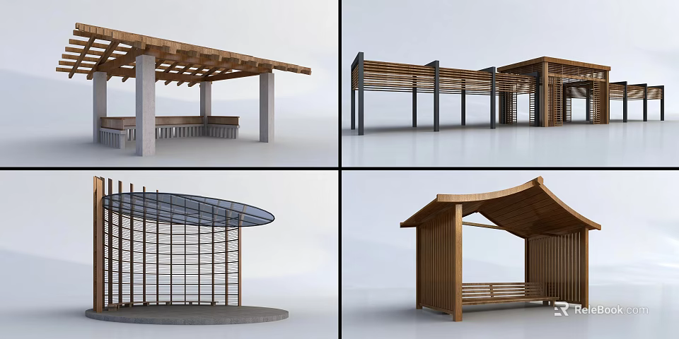 Modern Outdoor Wooden Pergola With Seating And Curved Roof Design 3d model 