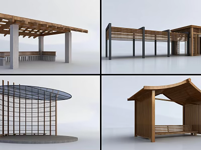 Modern Outdoor Wooden Pergola With Seating And Curved Roof Design 3d model