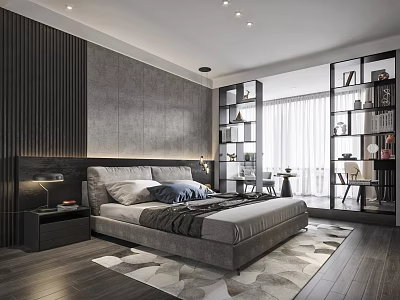 Modern Bedroom Interior With Bed Nightstand Table Lamp Open Bookshelf And Geometric Rug 3d model